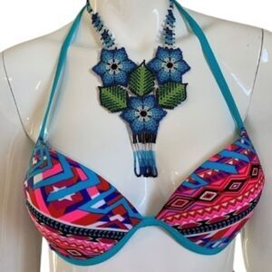 NWT Belle D'Azure Teal/pink Aztec print bikini top  - M/8‎
